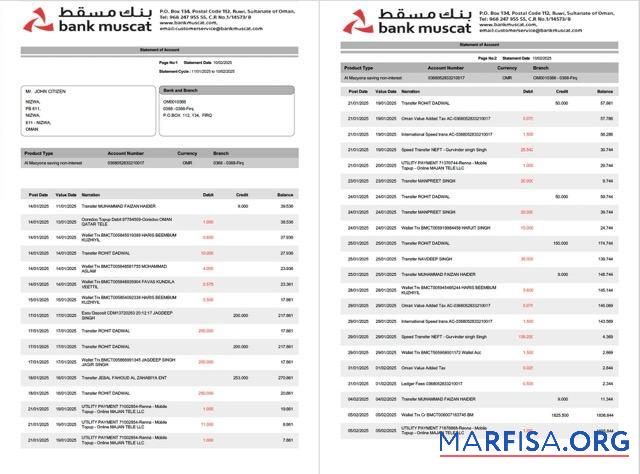 Downloadable Oman Bank Muscat statement of account word 2 pages download for verification